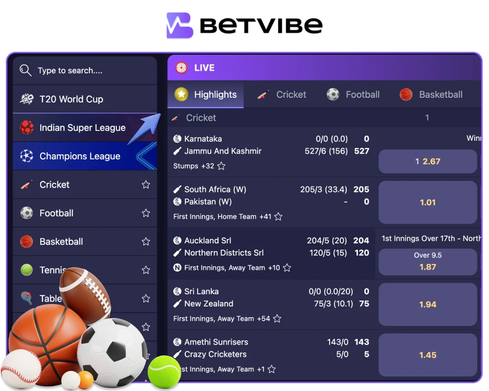 Sports betting markets available on BetVibe India